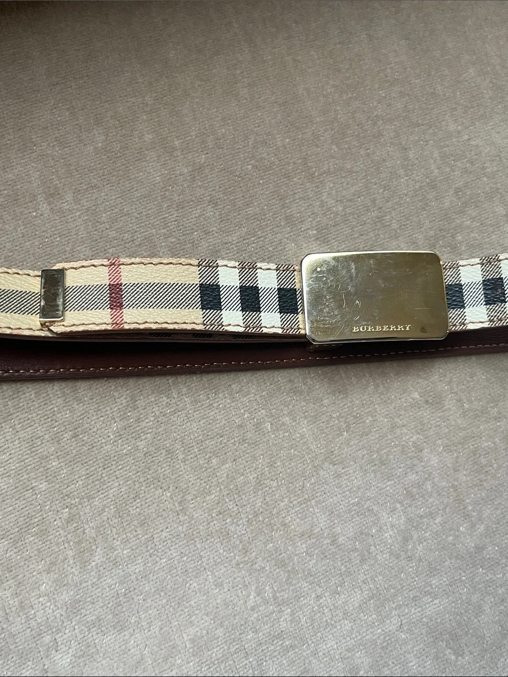 Burberry London Classic Nova Check Plaid Leather Belt Gold-Tone Buckle Italy 40”